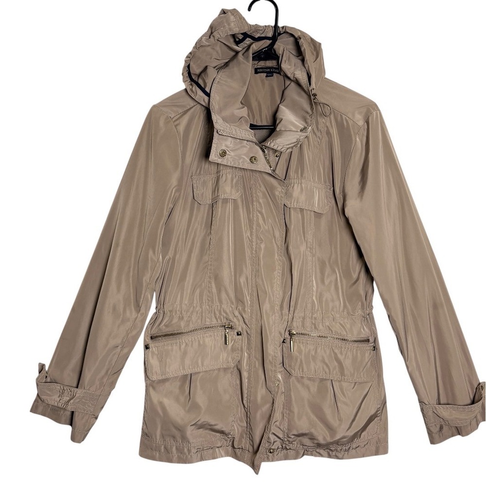 British Khaki Utility Jacket Womens Small Tan Hooded Full Zip Mesh Lined Cargo